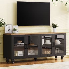 ON-TREND Farmhouse TV Stand With Tempered Glass Doors For TVs Up To 70, Versatile Sideboard With Adjustable Shelves, Elegant Buffet Cabinet With (Option: Black Natural)